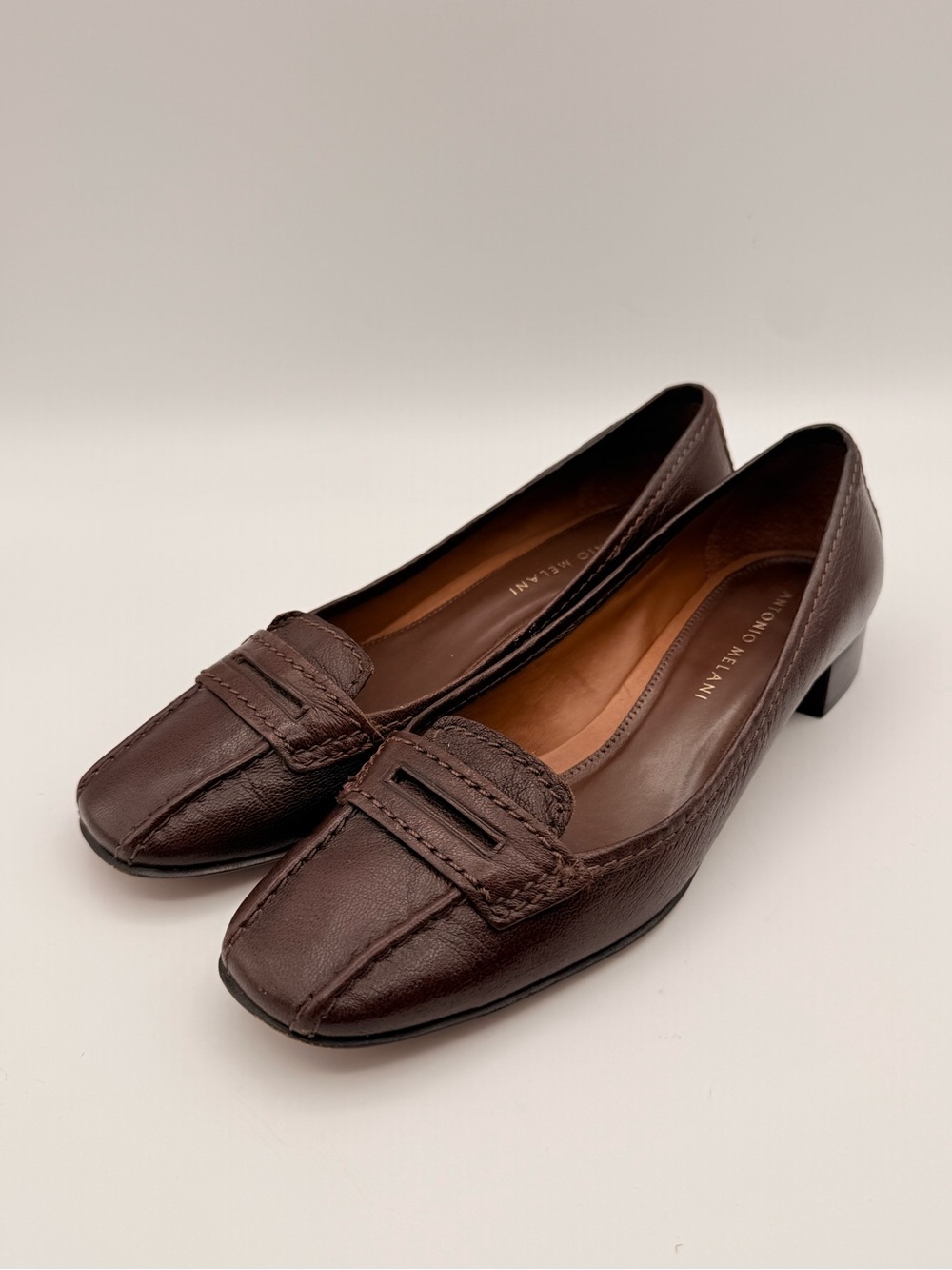 ANTONIO MELANI Brown Leather Loafers Square Toe Career Comfort Shoes Size 7.5